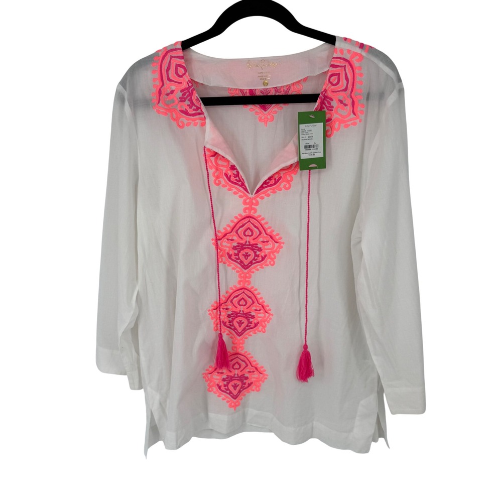 Lilly Pulitzer Amelia Island Tunic Womens XL White New Embroidered Tassel Boho‎